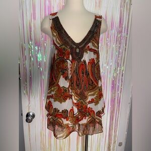 Adiva Red and Brown Asymmetrical Sleeveless Tunic